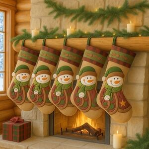 5 Rustic Christmas Stockings Plaid Burlap Holly Buttons Holiday Decor(5)